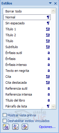 Panel Estilos y formato